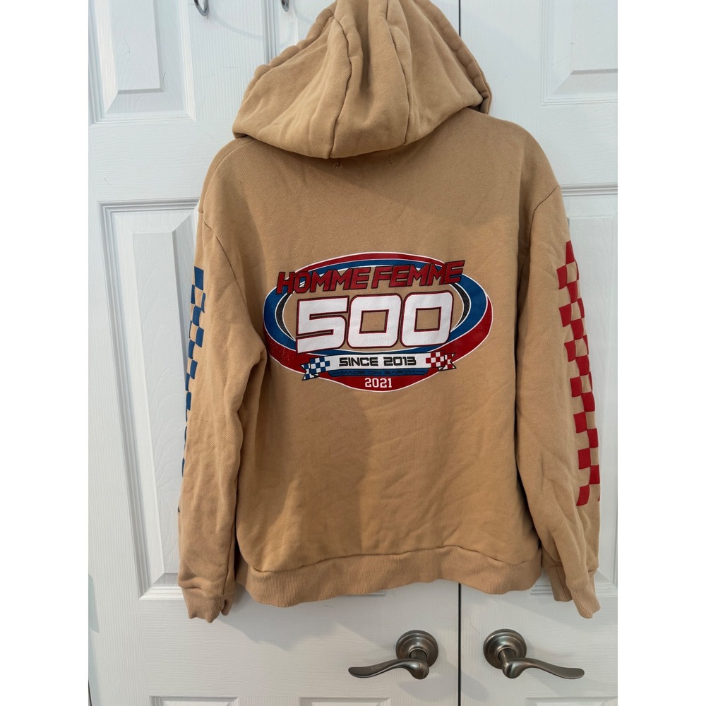 Homme Femme 500 Racing Zip Up Hoodie Tan Mens Medium Checkerboard Streetwear - Picture 4 of 12